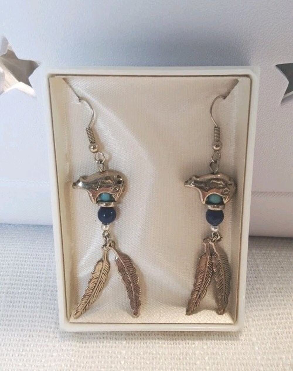 SPIRIT BEAR NATIVE AMERICAN STYLE SOUTHWESTESTERN TRIBAL DANGLY EARRINGS